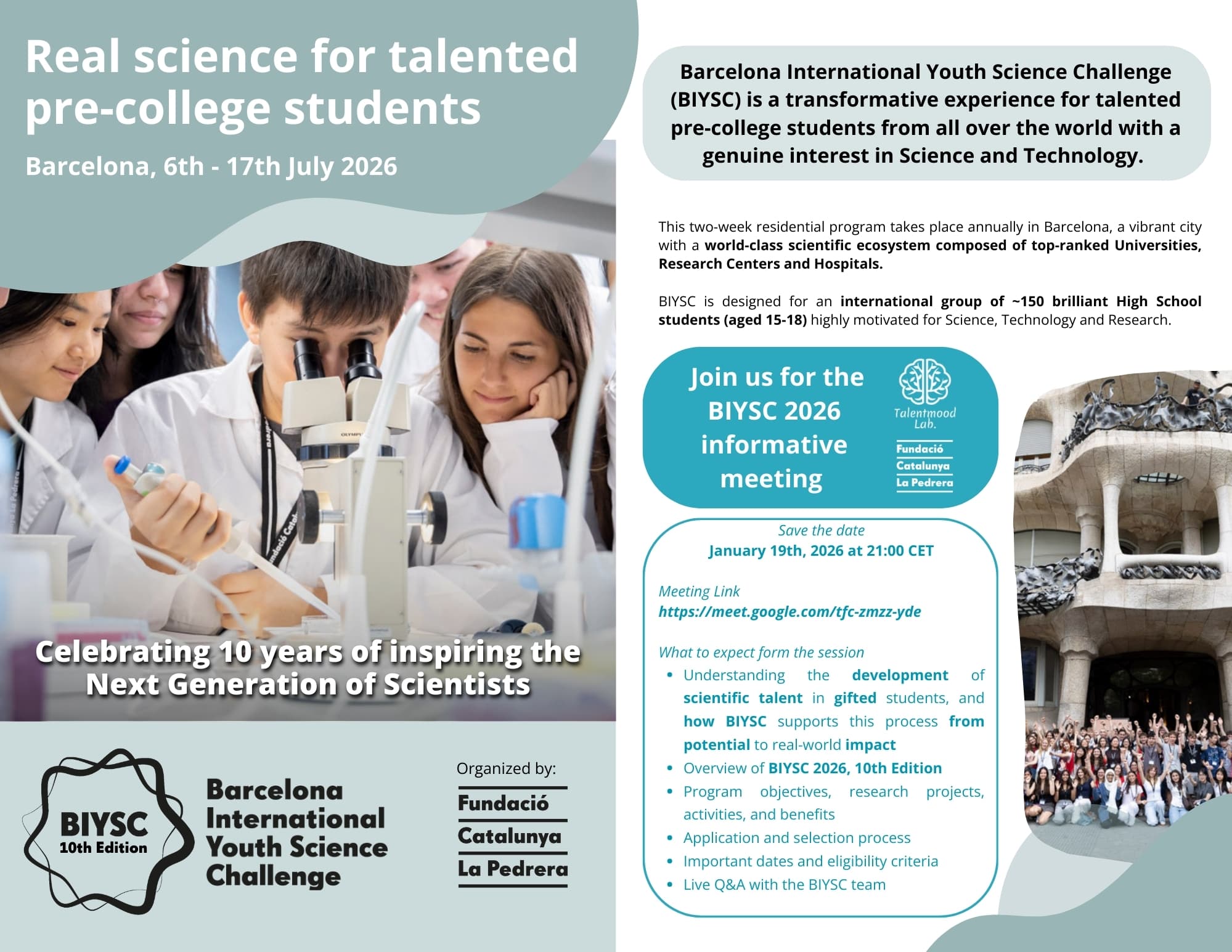 Infografía de la sesión informativa BIYSC 2026 coorganizada por Talentmood LAB y Fundació Catalunya La Pedrera.