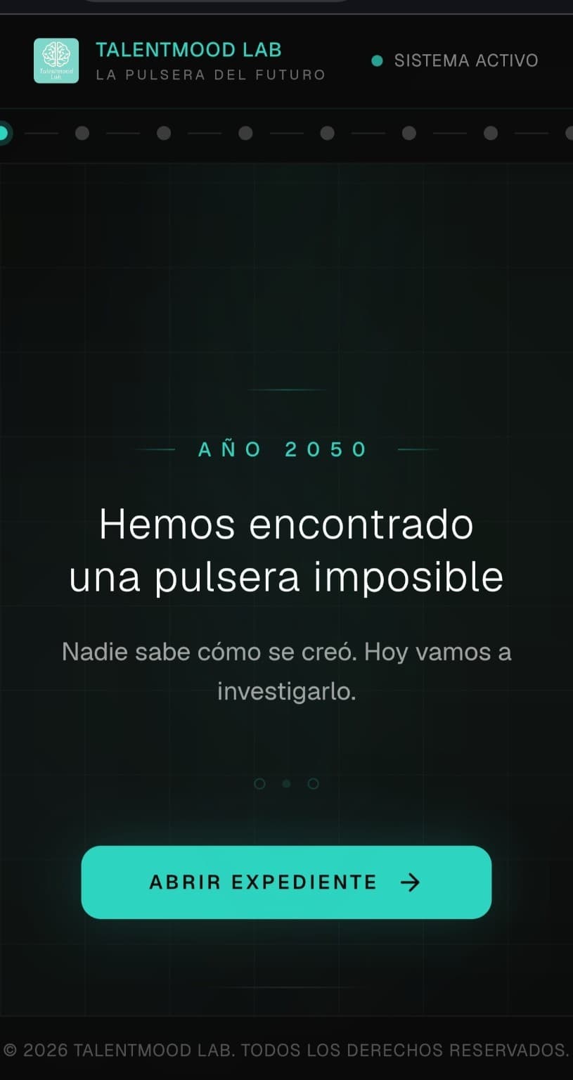 Pantalla de La Pulsera del Futuro con el mensaje “Año 2050 · Hemos encontrado una pulsera imposible”.