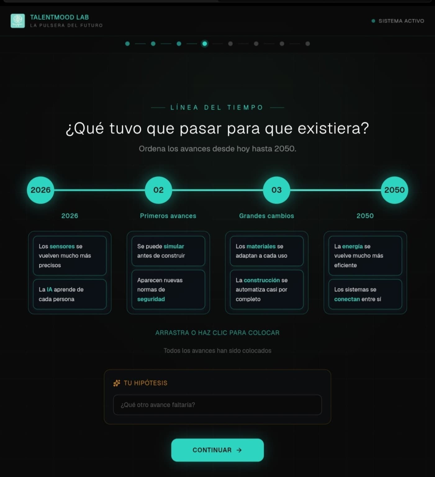 Línea del tiempo de 2026 a 2050 completada durante La Pulsera del Futuro.