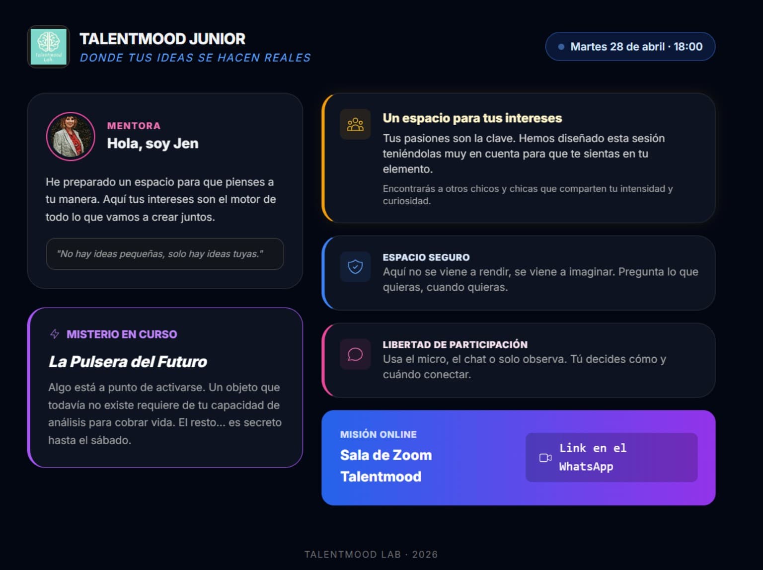 Pantalla de bienvenida y anticipación enviada antes de una Sesión Cero de Talentmood Junior.