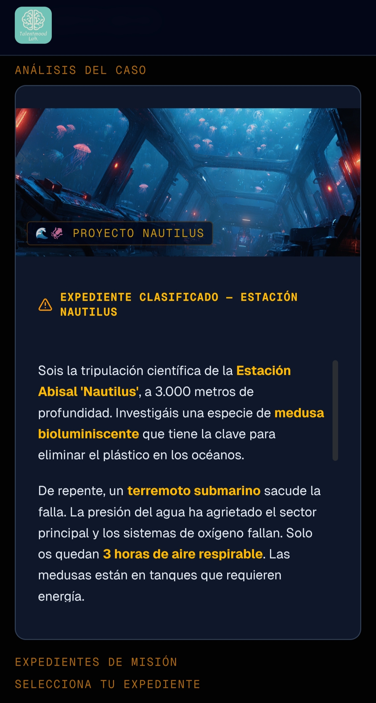 Captura de la aplicación Proyecto Nautilus - experiencia gamificada de Talentmood Junior